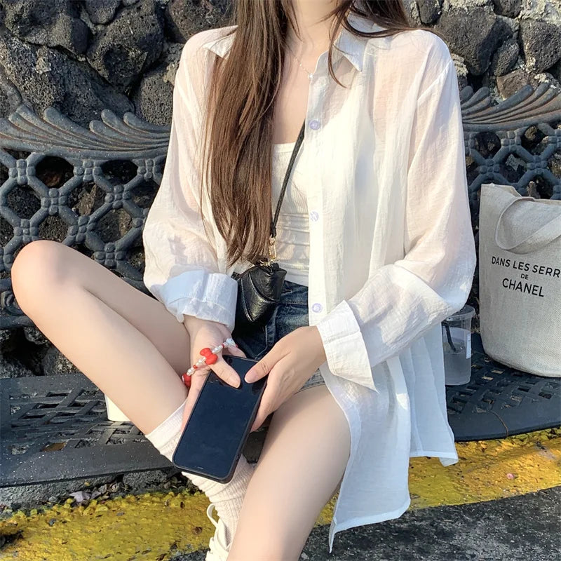 Blusas de Chiffon Leves e Soltas com Manga Longa e Botões para Mulheres, Camisas Casuais de Verão