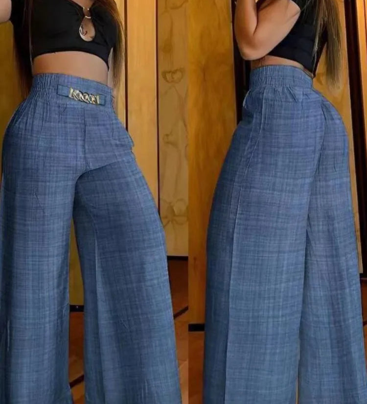 Calças femininas de cintura alta perna larga moda sólida escritório feminino casual queimado calças para mulheres verão novo elegante calças pretas