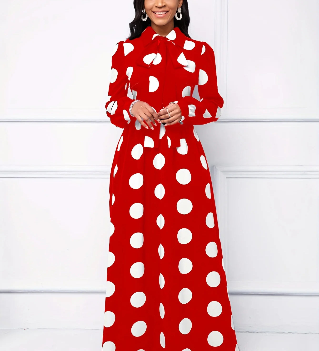 Elegante vestido longo com nó arco para mulheres, veste feminina, bolinhas para senhora, vestidos maxi casuais, manga