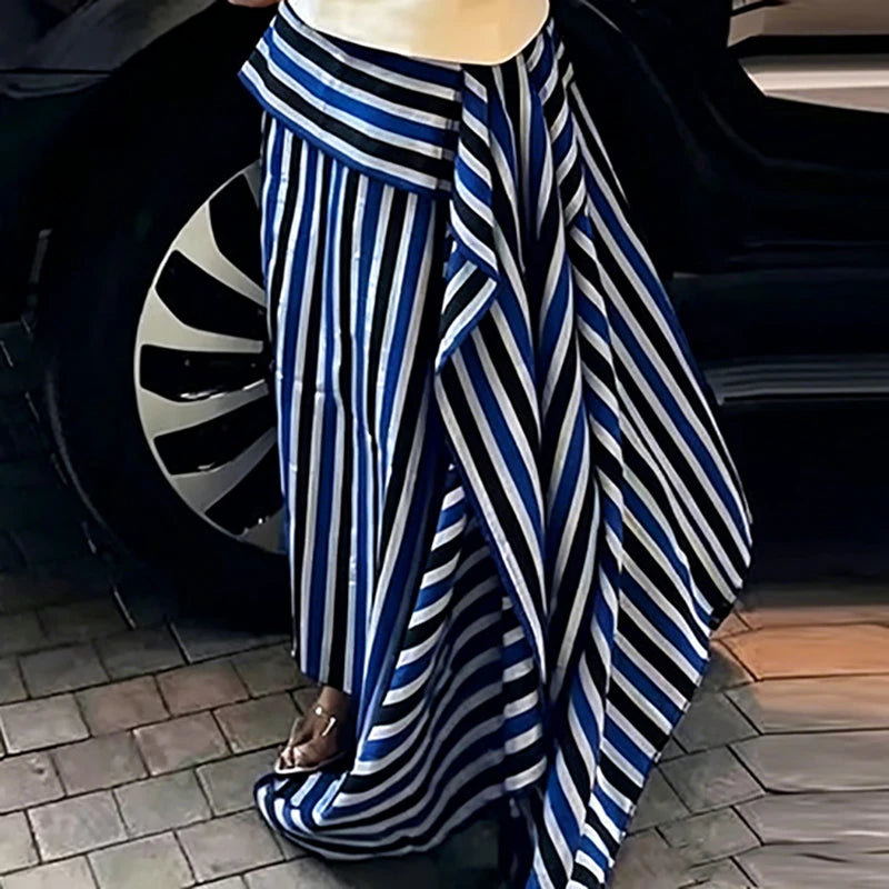Conjuntos Casuais de Verão para Mulheres, Elegantes, com Recortes, Conjunto Vintage com Listras Azuis e Cores Contrastantes, Composto por Top e Saia