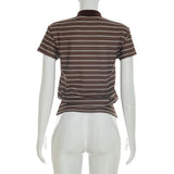 Camisetas Casuais com Estampa Listrada para Mulheres, Moda de Verão, Camiseta de Manga Curta com Gola, Look de Streetwear Feminino para Férias na Praia