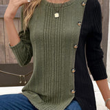 Camiseta com decoração de botão colorblock com nervuras, blusa casual de manga comprida para primavera e outono, roupas femininas
