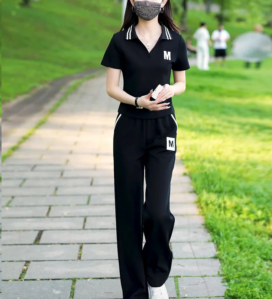 Conjunto de roupas esportivas casuais para verão feminino, calças largas, celebridade da moda na internet, moda nova, 2 peças