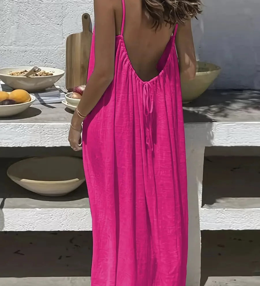 Vestido Casual Maxi 2026 Feminino Vestidos Estilo Simples Roupa de Casa Confortável Solto Cor Sólida Alça Costas Descobertas