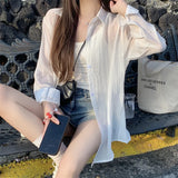 Blusas de Chiffon Leves e Soltas com Manga Longa e Botões para Mulheres, Camisas Casuais de Verão