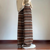 Calças de perna larga das mulheres dos homens outono inverno moda casual calças retas soltas esfregar calças harajuku vintage listrado preto/café