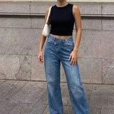 Hh feminino elegante moda reta jeans vintage casual cintura alta perna larga calças jeans y2k high street senhora calças jeans azuis