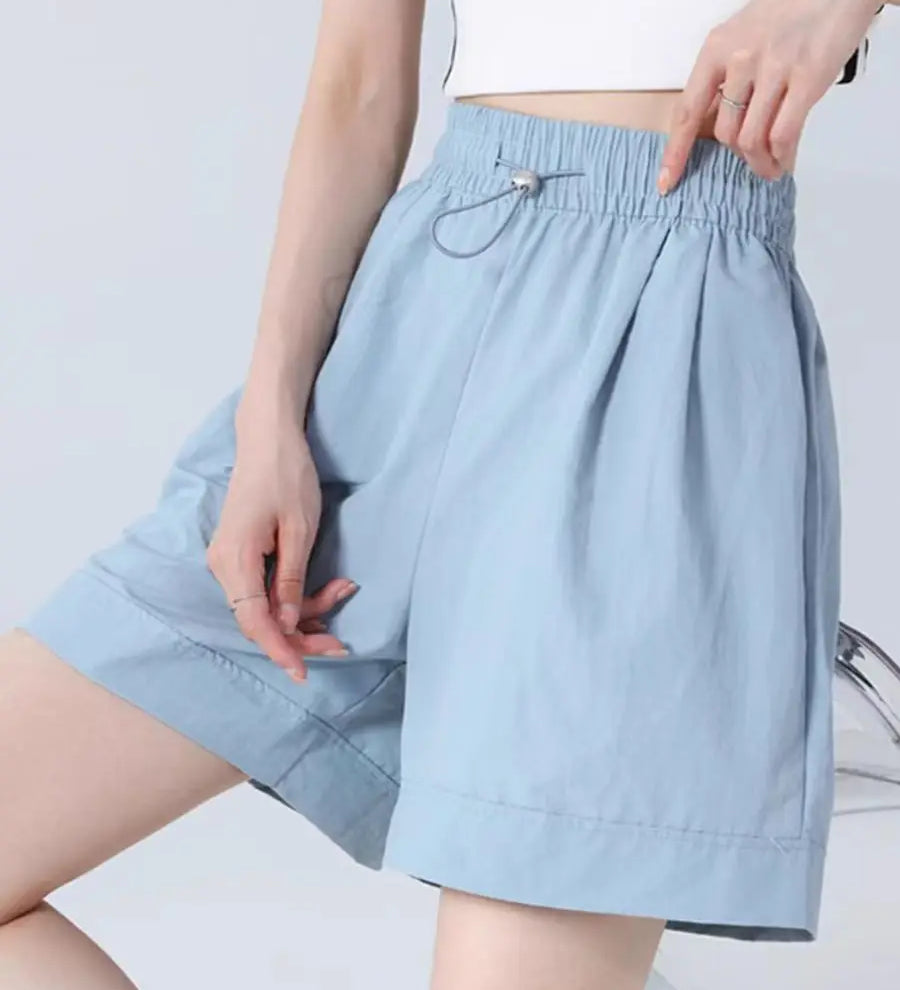 Shorts Casuais Femininos de Perna Larga para o Verão, Finos, Modelo A-line, Calças de Moletom com Cordão, Macacão Curto Feminino da Moda