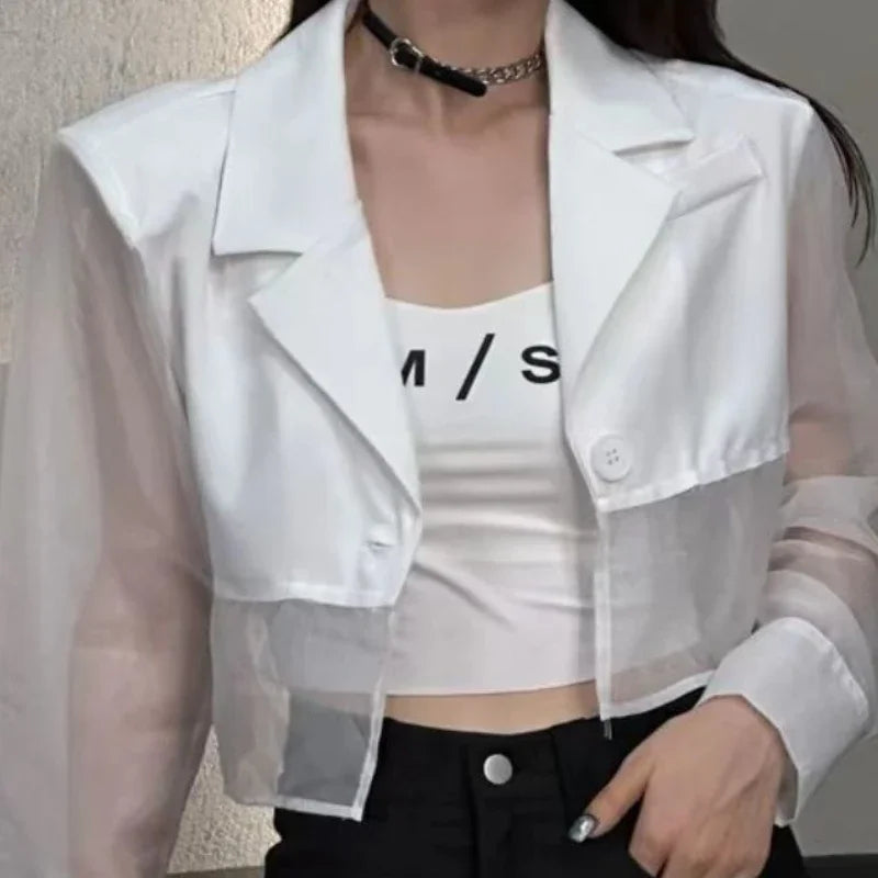 Blazers femininos design de fenda traseira à prova de sol transparente casual ins moda coreana verão outerwear recortado na moda harajuku chique