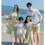 Conjunto de roupas de praia, Roupas Coreanas, Mãe e Filha Vestido Resort, Papai e Filho Tops e Shorts, 2 pcs