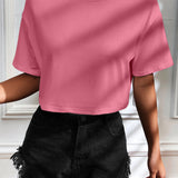 Camiseta Cropped Feminina de Malha Canelada Oversized com Ombro Caído e Manga Curta, Cor Sólida, Casual, Streetwear, para Festas de Verão e Uso Diário