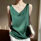 Regatas para mulheres sem mangas com decote em v cetim seda camisola moda verão sólido solto colete senhoras topos streetwear