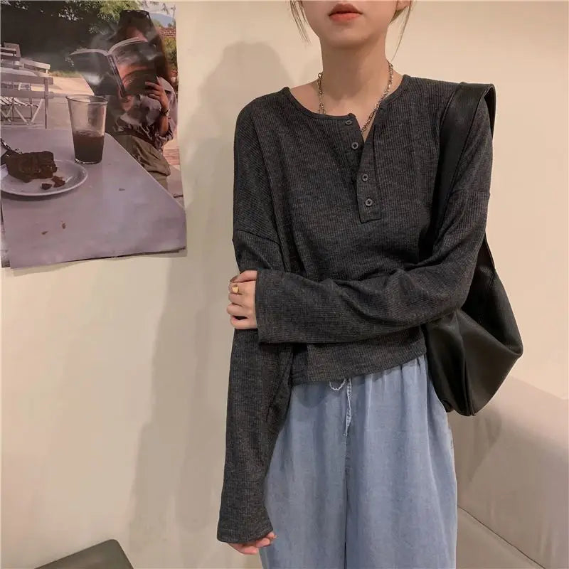 Camisetas femininas de manga comprida, tops de algodão minimalistas, ajuste relaxado, tecido elástico de grandes dimensões, confortável, macio, diário, outono retrô