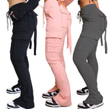 Calça de carga longa feminina, sexy slim fit, cordão casual, bolso com botões de emenda, calça reta, renda para cima, cintura elástica alta