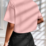 Camiseta Cropped Feminina de Malha Canelada Oversized com Ombro Caído e Manga Curta, Cor Sólida, Casual, Streetwear, para Festas de Verão e Uso Diário