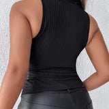 Regata feminina sexy com nervuras – ajuste fino elástico de alta elasticidade, gola alta e alças largas com zíper frontal, semitransparente bl