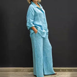 Conjunto de camisa casual feminina – roupa de escritório moderna de duas peças, blusa elegante e conjunto de calças para trabalho e uso diário