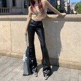 Calça alarde de couro PU preta feminina, calça de cintura alta, sexy, vintage, Harajuku, elástica, tamanho único, roupa elegante, venda G