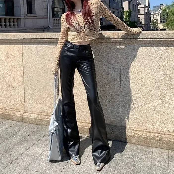 Calça alarde de couro PU preta feminina, calça de cintura alta, sexy, vintage, Harajuku, elástica, tamanho único, roupa elegante, venda G