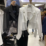 Blazers femininos design de fenda traseira à prova de sol transparente casual ins moda coreana verão outerwear recortado na moda harajuku chique