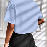 Camiseta Cropped Feminina de Malha Canelada Oversized com Ombro Caído e Manga Curta, Cor Sólida, Casual, Streetwear, para Festas de Verão e Uso Diário