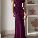 Casual o-pescoço drapeado vestidos vestido elegante altura cintura magro ajuste vestido de noite vestidos moda feminina temperamento sólido vestido longo