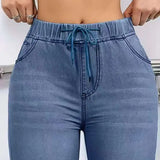 Calças Jeans Femininas de Corte Reto com Cintura Elástica e Cordão, Confortáveis e Casuais em Denim Stretch