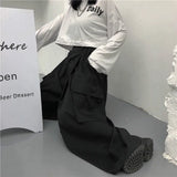 Calça casual solta feminina cargo, casal de roupas de harajuku, estilo japonês de bolsos, primavera, outono, bf, de comprimento total, preta, elástica