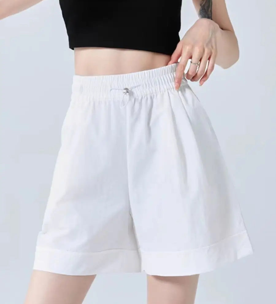Shorts Casuais Femininos de Perna Larga para o Verão, Finos, Modelo A-line, Calças de Moletom com Cordão, Macacão Curto Feminino da Moda