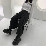 Calça casual solta feminina cargo, casal de roupas de harajuku, estilo japonês de bolsos, primavera, outono, bf, de comprimento total, preta, elástica
