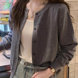 Cardigans e Suéteres Femininos 2026: Moda Coreana Casual, Quente, Primavera/Verão, Gola O, Manga Longa, Abotoamento Simples, Ajuste Slim, Tricôs e Blusas