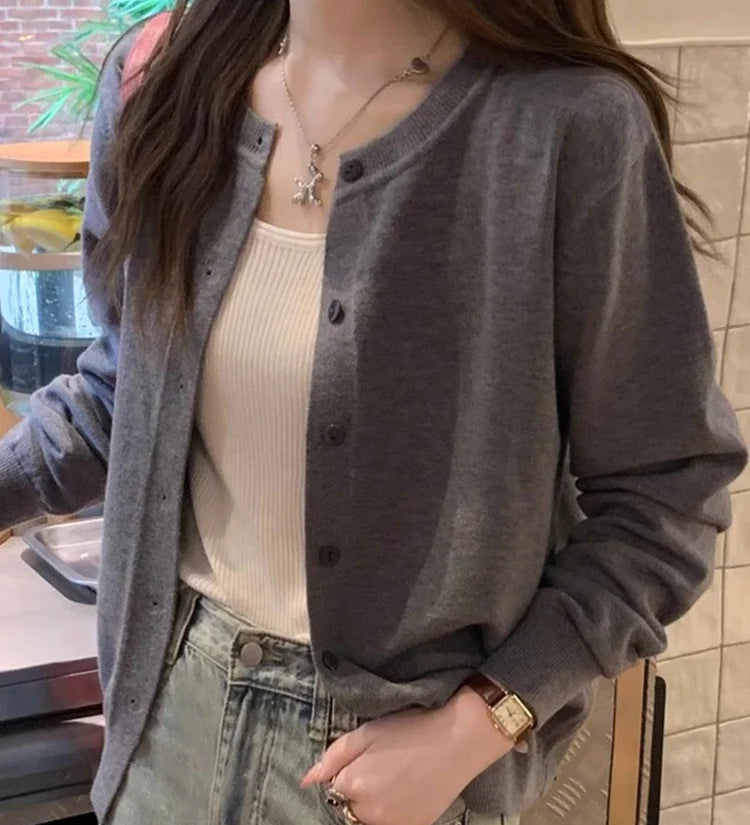 Cardigans e Suéteres Femininos 2026: Moda Coreana Casual, Quente, Primavera/Verão, Gola O, Manga Longa, Abotoamento Simples, Ajuste Slim, Tricôs e Blusas