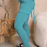 Calça de carga longa feminina, sexy slim fit, cordão casual, bolso com botões de emenda, calça reta, renda para cima, cintura elástica alta