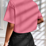 Camiseta Cropped Feminina de Malha Canelada Oversized com Ombro Caído e Manga Curta, Cor Sólida, Casual, Streetwear, para Festas de Verão e Uso Diário